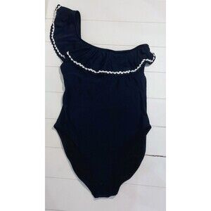 J Crew Women's Large One Shoulder Ruffled Swimsuit Blue Rick Rack One Piece